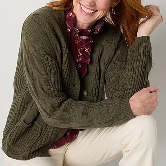 NWT St. John's Bay Womens V Neck Long Sleeve Button Cardigan, Olive - Picture 3 of 11